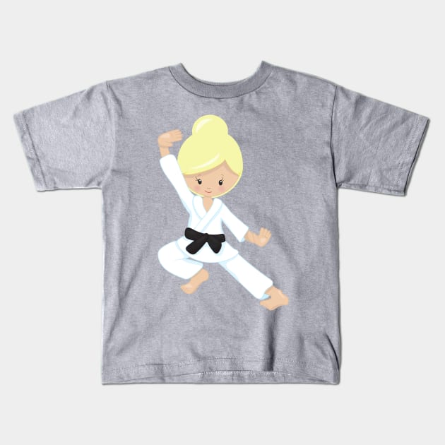 Karate Girl, Cute Girl, Black Belt, Blonde Hair Kids T-Shirt by Jelena Dunčević